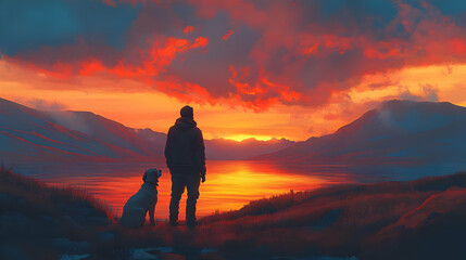 Obraz premium A Man and His Dog Stand at the Edge of a Lake and Gaze at a Colorful Sunset Over the Mountains