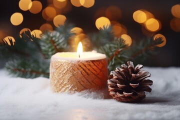 A close-up of a classic Christmas candle with a delicate flame, placed on a bed of snow-like fabric, complemented by a few scattered pine cones and sprigs of holly