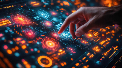 A hand is pointing at a high-tech digital screen displaying a global data map. The screen has illuminated details and orange data points over a futuristic interface