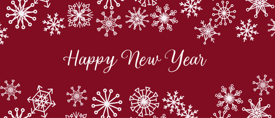 Happy New Year snowflakes abstract greeting card with falling flakes. Banner or background for winter holidays.