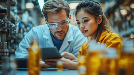 Obraz premium Industrial engineers analyzing data on a tablet in a factory, highlighting technology and teamwork in manufacturing