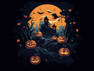 Scary Halloween background with pumpkins and bats.