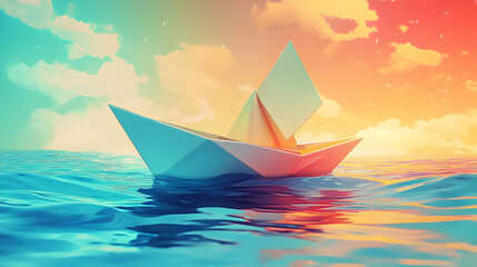 Obraz premium A Paper Boat Floating on Calm Blue Ocean Water with Colorful Sunset Sky, Abstract Background Animation