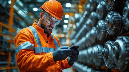 A factory worker in safety gear using a mobile phone in an industrial setting. Represents industry, technology, and safety in manufacturing
