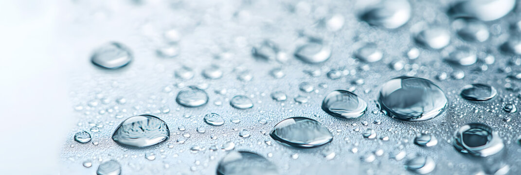 Close-up of water droplets on a smooth surface, highlighting purity, clarity, and freshness, ideal for hydration, cleanliness, and environmental themes in nature and wellness