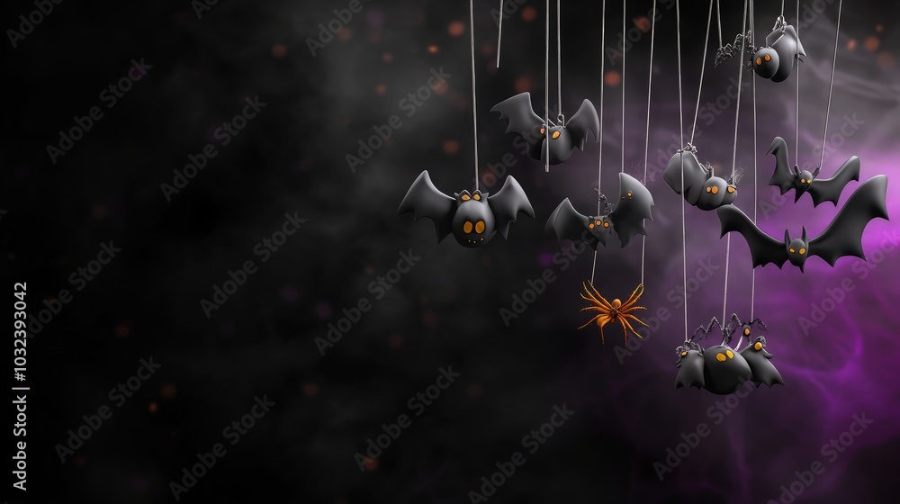 Poster halloween-themed design featuring hanging 3d bats and spiders, floating in front of a black-to-purpl