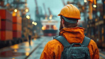 Obraz premium Port worker in orange uniform supervising near a large ship at the dock. Industrial and maritime environment with cranes in the background