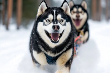 Fototapeta premium Husky dogs pulling a sled through snowy forests, kicking up clouds of snow
