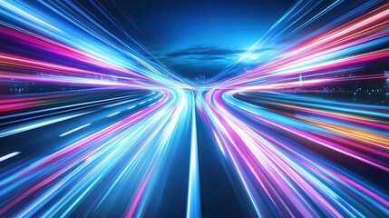 Fototapeta premium Abstract futuristic background featuring rapid neon light trails in shades of blue and pink, creating a dynamic and high-tech atmosphere. This digital design concept emphasizes speed and movement, ref