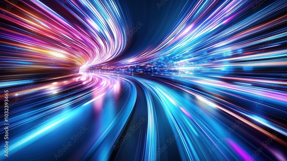 Fototapete abstract futuristic background featuring rapid neon light trails in shades of blue and pink, creatin