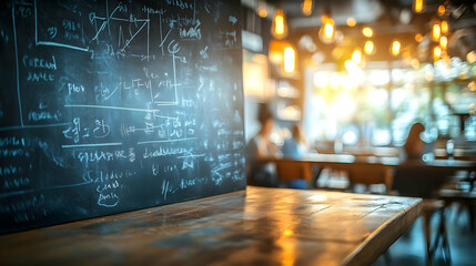 Chalkboard with Equations Stands in a Busy Restaurant with Blurred Background