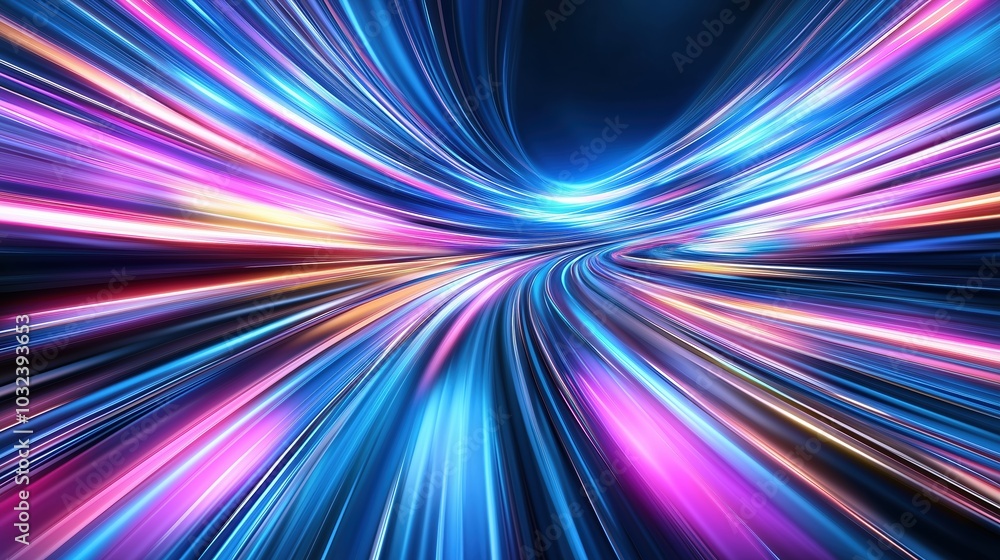 Fototapete abstract futuristic background featuring rapid neon light trails in shades of blue and pink, creatin
