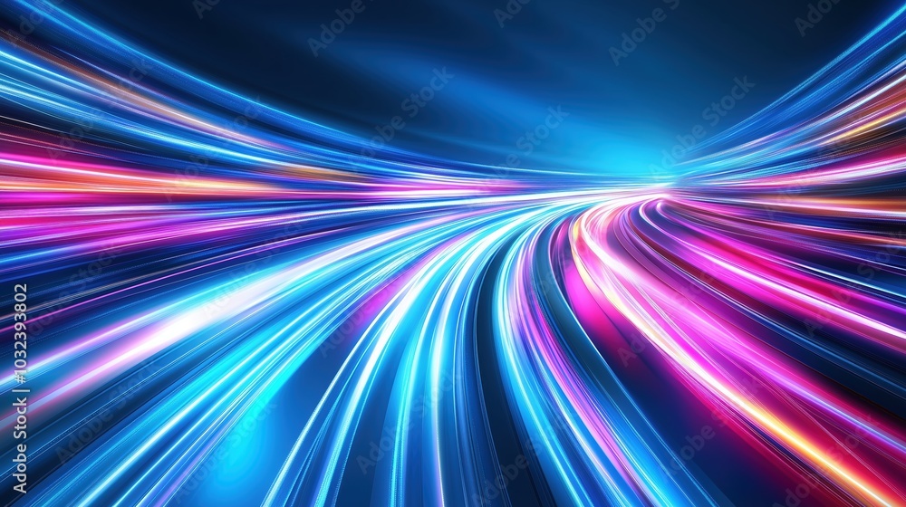 Fototapete abstract futuristic background featuring rapid neon light trails in shades of blue and pink, creatin