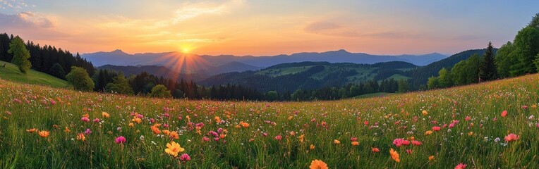Fototapeta premium Sun-Drenched Mountain Meadow with Wildflowers at Sunset