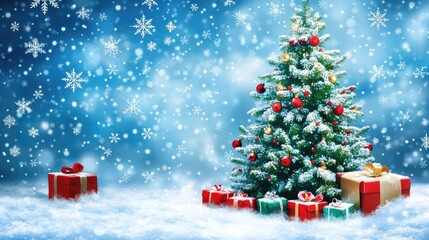 Obraz premium A Christmas tree with snowflakes, some gifts and mistletoe, The scene should be on the side and use the colors of Christmas