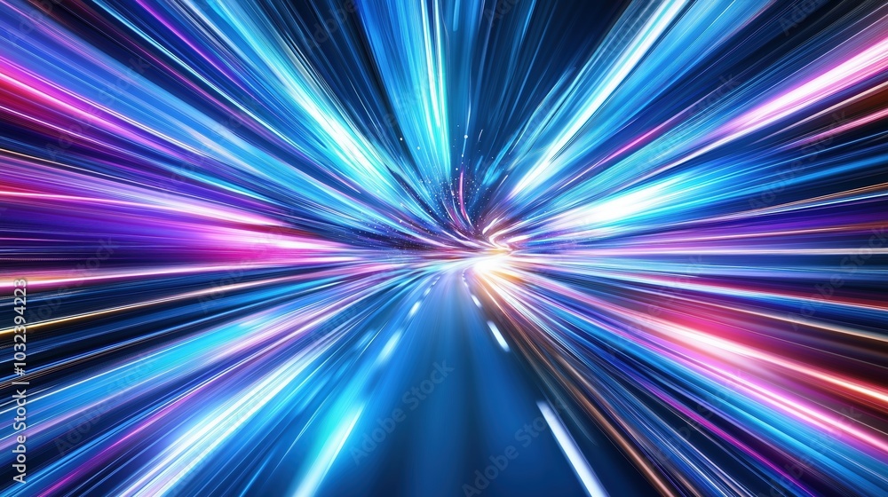 Fototapete abstract futuristic background featuring rapid neon light trails in shades of blue and pink, creatin