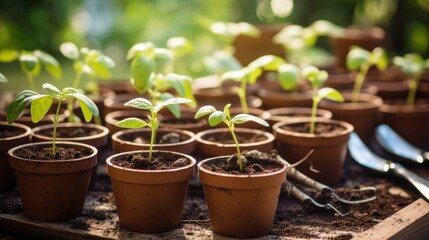 A detailed shot of freshly sprouted coffee bean seedlings with tiny leaves just beginning to unfurl, placed in biodegradable pots on a wooden table