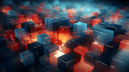 Obraz premium Abstract Geometric Shapes Background with Glowing Blue and Red Cubes
