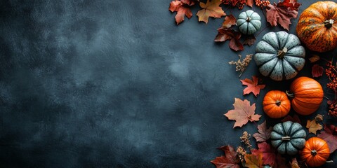 Thanksgiving Season Wallpaper With Fall Leaves and Pumpkins, Copy Space, Dark Background