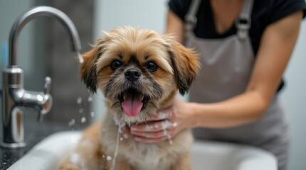 Professional Dog Grooming: A Groomer Bathing a Happy Dog in a Pet Spa