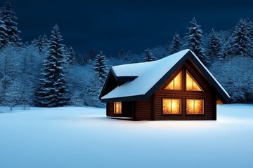 Illustration of a cozy winter cabin scene, with glowing windows and snow gently falling