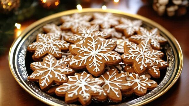 Decorated gingerbread cookies, glimmering under holiday lights
