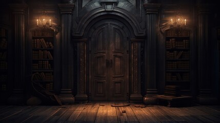 A dramatic image of a heavy wooden door slightly ajar in an old library, with rows of bookshelves and a dimly lit room creating a mysterious and inviting scene