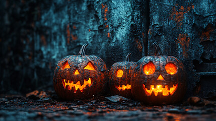 spooky glowing jack o lanterns on a dark halloween night