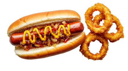 Hot dog with mustard and onion, served with onion rings.