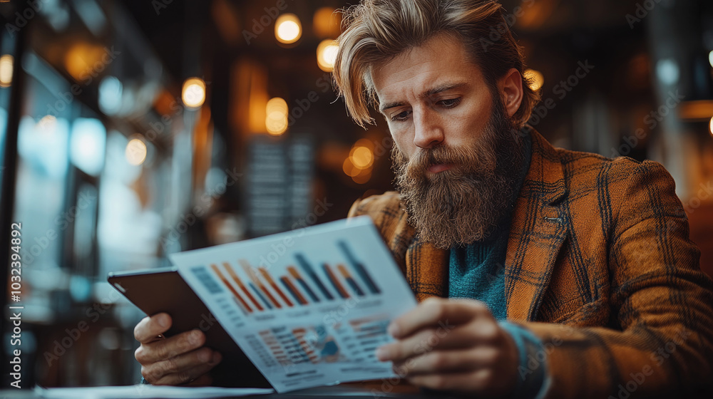 Poster a focused man with a beard studies graphs and data on a tablet in a warm café ambiance filled with s