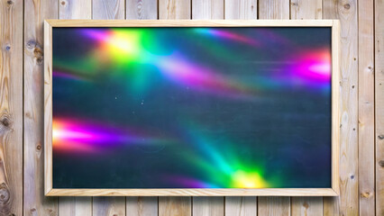 A wooden-framed blackboard displays a vibrant array of multicolored lights creating a stunning optical effect. The background of wooden planks adds a rustic charm to the scene.AI generated.
