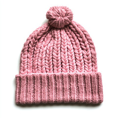 a pink knitted winter cap isolated on a white background