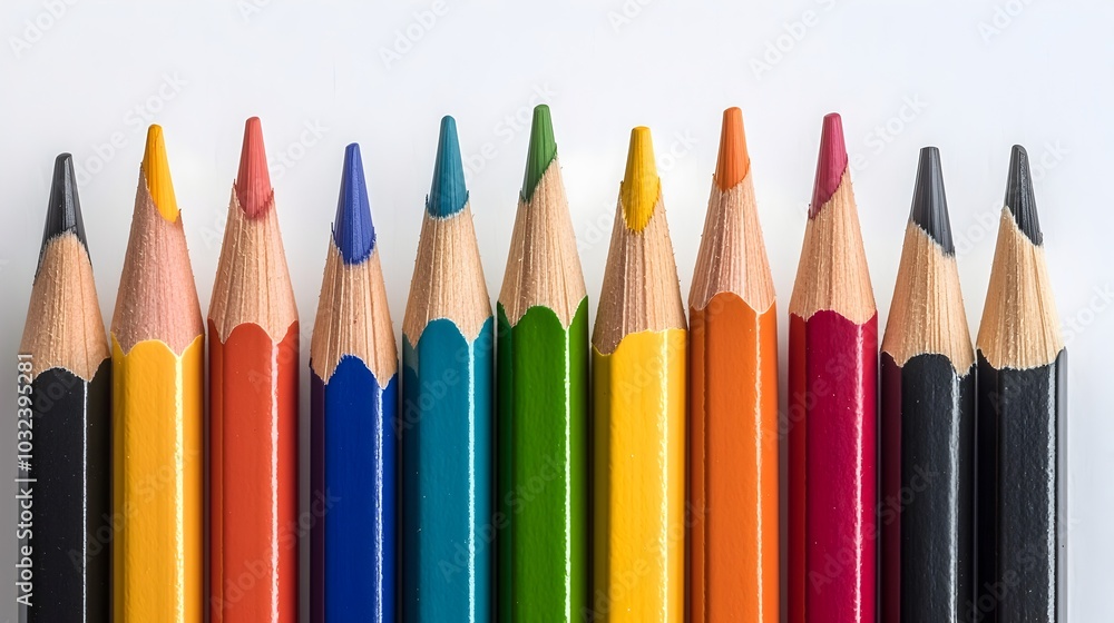 Aufkleber vibrant array of colorful pencils neatly arranged in a striking rainbow pattern against a clean whit