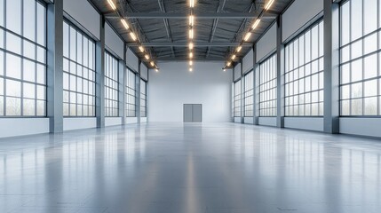 Spacious industrial interior with large windows and smooth floor.