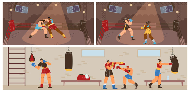 Collection vector illustrations boxing scenes of with female and male boxers practicing boxing punche