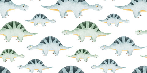 Herd of Cute blue sauropod dinosaurs. Childish background with dinos. Watercolor seamless patterns for design kid's rooms, scrapbook, clothes, textile