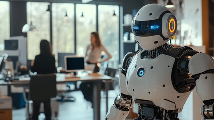 A robot and business people working together in an office.