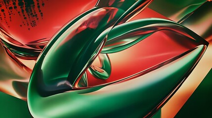 Abstract Composition of Interlocking Metallic Surfaces in Red and Green