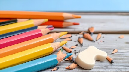 A collection of vibrant pencils in various colors scattered across a rustic wooden desk accompanied by pencil shavings and an eraser