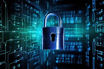 A padlock with binary code overlay representing secure data encryption and cybersecurity measures isolated on white background