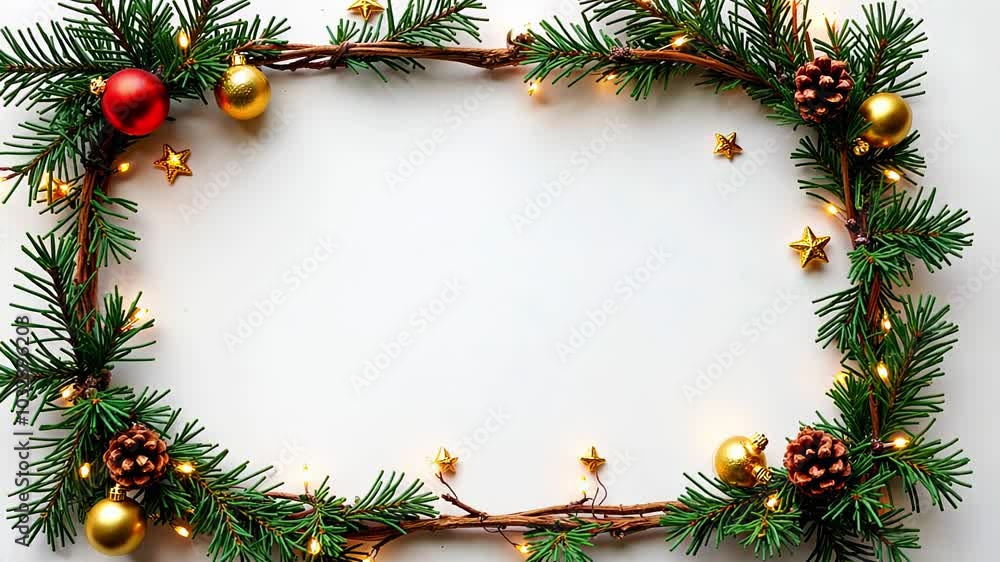 Poster Festive Christmas Garland Frame with Pine Cones, Ornaments, and Lights on White Background