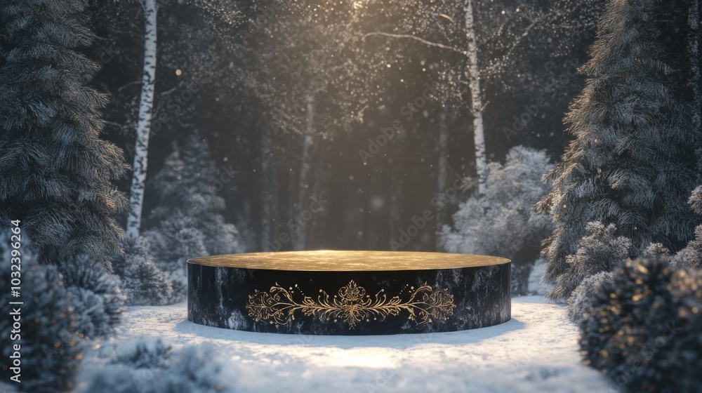 Poster snow blankets a round platform adorned with elegant designs, surrounded by tall trees in a quiet win