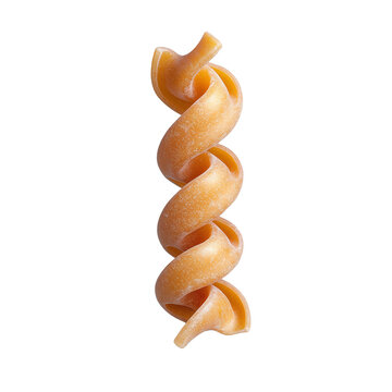 Close-up of raw rotini pasta on a transparent background