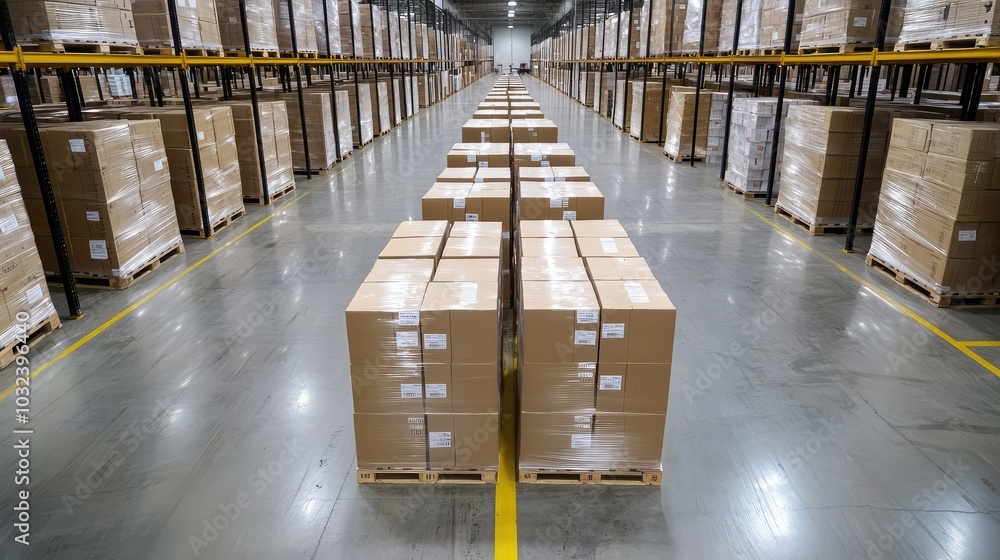 Poster warehouse with stacked boxes on pallets and clear aisles.