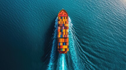 Aerial perspective of a large container ship with a clear contrail against blue waters, Cargo Ship, Aerial,Sea Transport