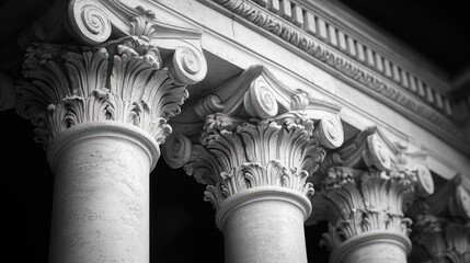 Close-up view of three white stone columns with ornate capitals in black and white.