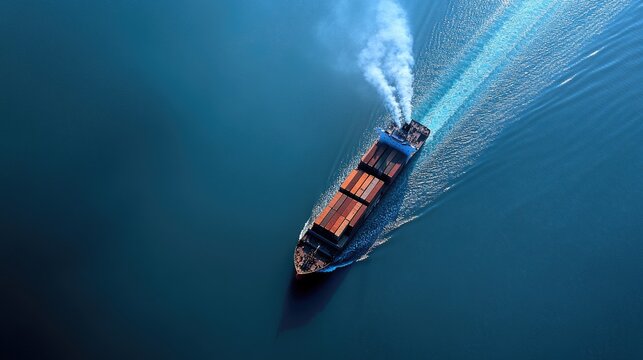 Aerial perspective of a large container ship with a clear contrail against blue waters, Cargo Ship, Aerial,Sea Transport