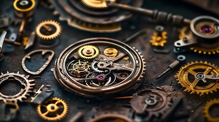 Intricate dismantled mechanical watch with detailed gears and springs on dark background, symbolizing precision and complexity in teardown analysis.