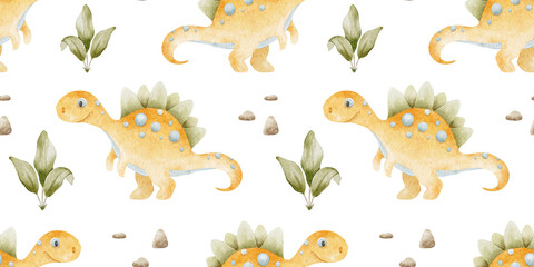 Orange Centrosaurus dinosaurs, stones and palm leaves. Childish background with dinos. Watercolor seamless patterns for design kid's rooms, scrapbook, clothes, textile