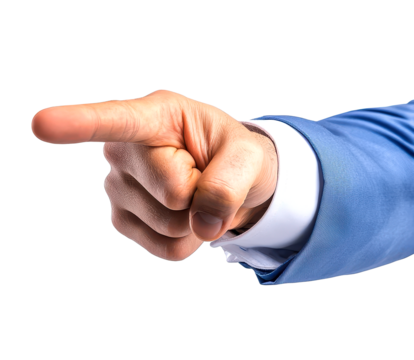 Pointing hand in a blue suit, white isolated background.
